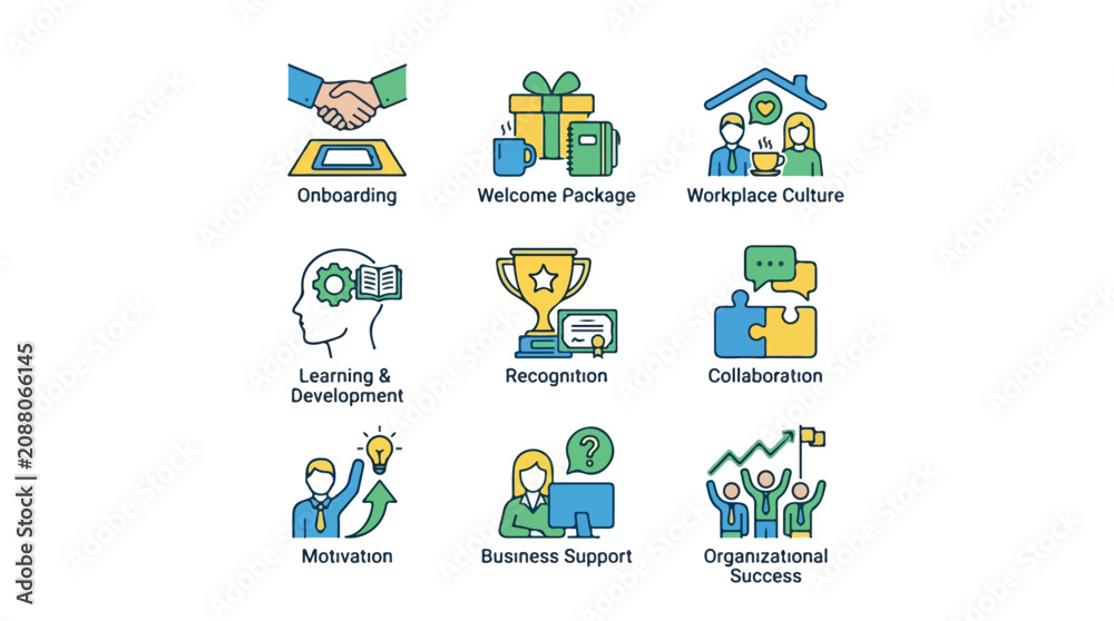 Fototapeta premium Set of colorful business icons representing corporate culture and employee management.