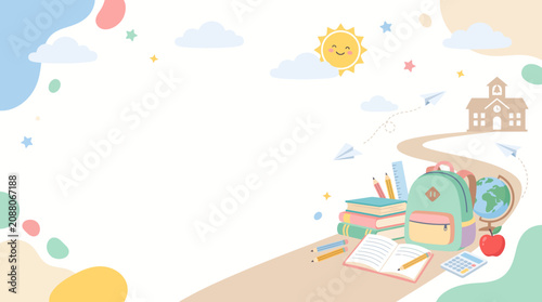 Whimsical back to school background featuring a pastel backpack, open book, globe, and school building on a path, with a smiling sun and paper airplanes, perfect for educational advertisements.