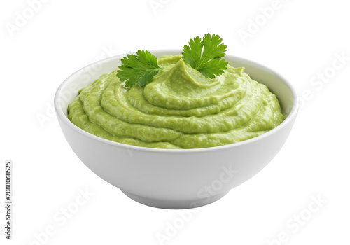 White ceramic bowl with creamy, vibrant green guacamole and fresh cilantro, isolated on a transparent background with copy space and soft studio lighting, concept for healthy eating food