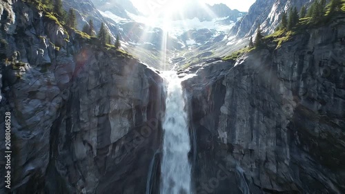 Scenic Aerial View of Majestic Mountain Waterfall Cascading Down Rock Cliff