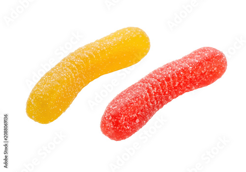 Two glossy, translucent yellow-orange and bright red gummy worms lying side by side on a transparent background with copy space, soft diffused lighting, appetizing candy concept