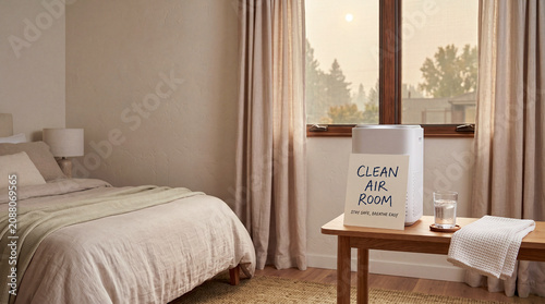 A white air purifier stands on a wooden bench next to a 