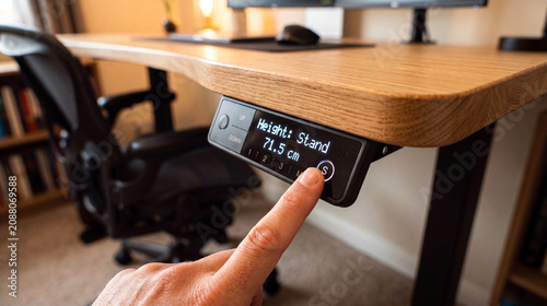 A finger presses a button on a digital control panel displaying 