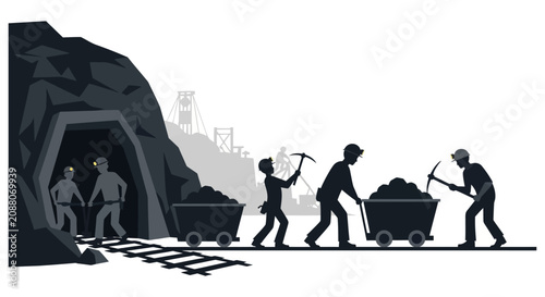Obraz na plátně Coal miners working in a dark mine entrance black silhouette