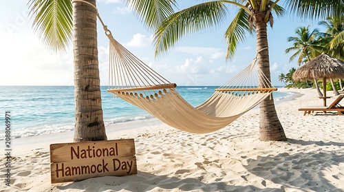 National Hammock Day on a serene beach with a hammock between palm trees, sign, and ocean view, evoking relaxation and leisure.