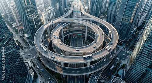 High angle aerial view of a complex circular multi tier flyover surrounded by city skyscrapers.