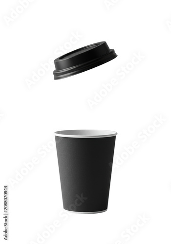 Matte black textured disposable paper coffee cup tilted, with a floating matching plastic lid above, casting a soft shadow on a transparent background with copy space, Concept for modern beverage