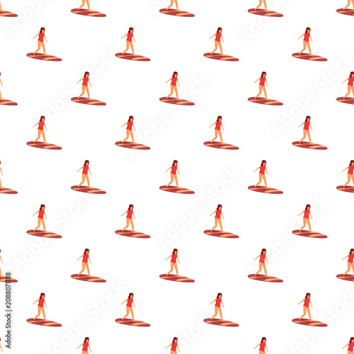 Photography Repeating pattern of a woman in a red swimsuit surfing on a surfboard