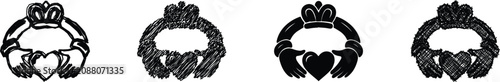 Four distinct artistic interpretations of the traditional Irish Claddagh symbol, showcasing variations in style and texture
