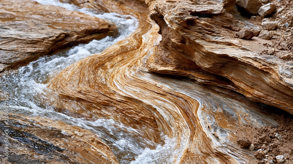 Obraz premium Stream Flow Over Earth-Toned Rocks: Nature's Intricate Erosion Pattern