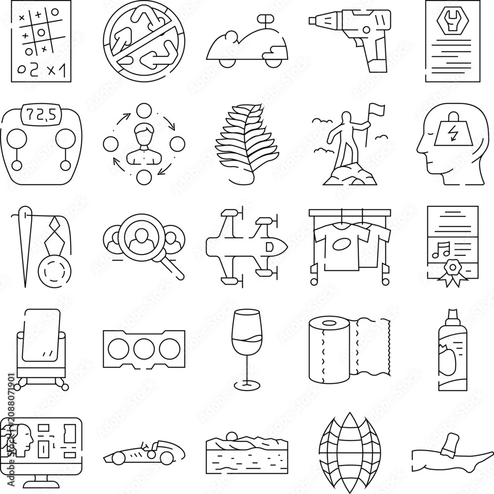 Fototapeta premium Variety of outline icons representing different abstract symbols, equipment, activities, and concepts from various fields like business, health, sports, and technology