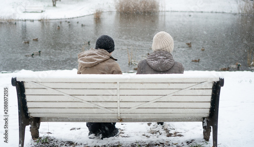Senior couple walking and looking at each other in snowy winter park. Elderly pair sharing warm glance on cold day by frozen lake. Loving partners strolling together through peaceful white landscape