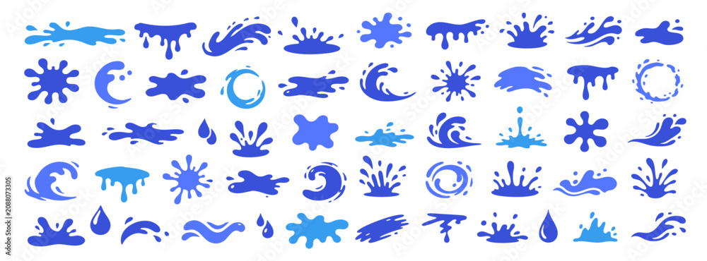 Fototapeta premium Blue water splash icon collection with waves, drops, splatters and liquid motion shapes on white background for summer, pool, ocean and drink designs.
