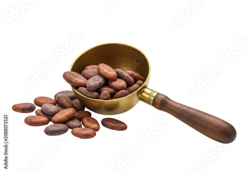 A vintage brass metal scoop with dark wooden handle and golden accents, filled with fresh unroasted cocoa beans, on a transparent background with copy space. Artisanal ingredients concept