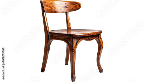 A finely crafted wooden chair with elegant curves is showcased against a stark black background.