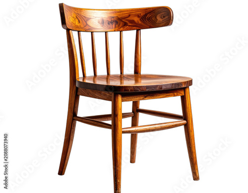 A wooden chair with a curved back and turned legs stands against a black background.