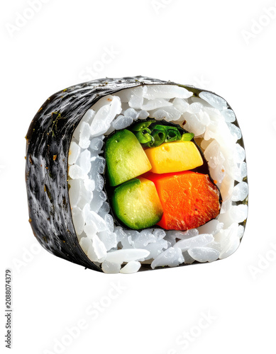 A single piece of colorful sushi roll filled with fresh ingredients isolated on a black background.