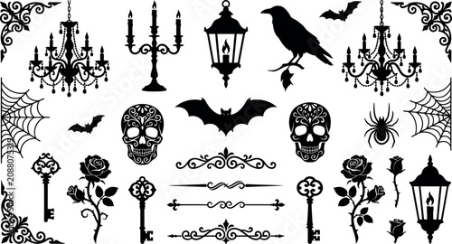 Schilderij op canvas Halloween Gothic Decorative Elements Collection with Skulls, Ravens and Vintage