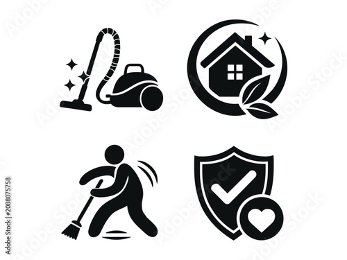 Dynamic collection of vector icons representing comprehensive home cleaning, domestic hygiene, and protective services for a healthy, safe, and well-maintained living environment