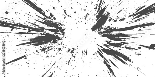 Tableau sur toile Abstract Paint Splatter: A dynamic burst of black ink splatters radiating outwards from a central point on a white background, creating a sense of explosive energy and artistic expression