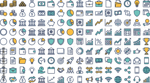 Business finance and productivity icon set featuring money, banking, analytics, charts, communication and office management vector collection