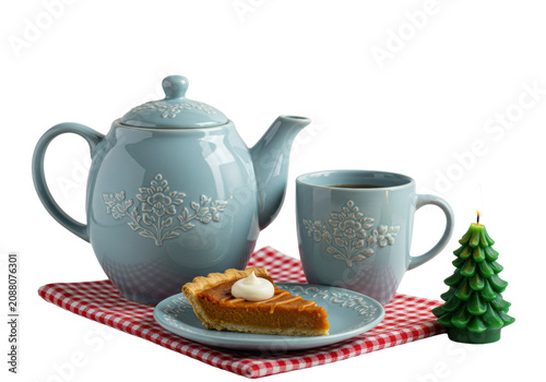 Light blue ceramic teapot, floral mug, pumpkin pie, burning green candle on red gingham, soft white background, cozy autumn relaxation atmosphere