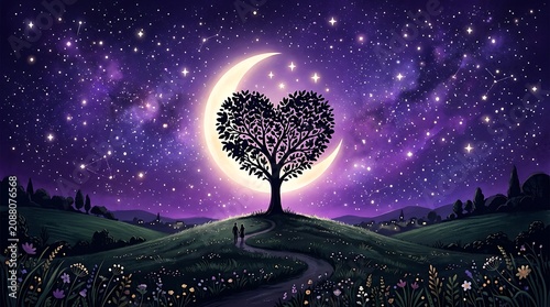 Heart shaped tree on a hill under a crescent moon and starry night sky with a winding path and wildflowers, evoking love and magic in a serene landscape.