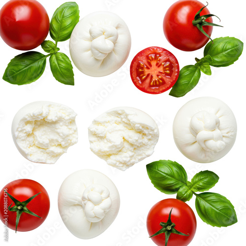 Italian burrata, plum tomatoes, fresh basil, flat lay, macro details on a transparent background with copy space, concept of authentic Italian cuisine