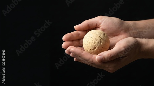 Close-up of two hands gently cradling a small, textured beige stone or rock against a dark background, conveying care and delicacy.