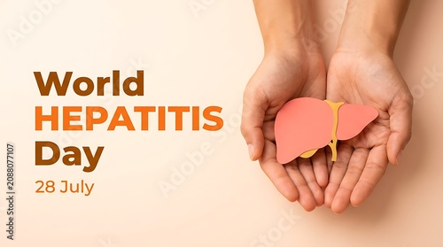 World Hepatitis Day awareness campaign with human hands holding liver on orange background
