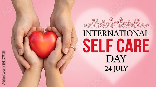 International Self Care Day on July 24th, hands holding heart symbolizing love, care, and wellness, promoting mental health awareness and self-love.