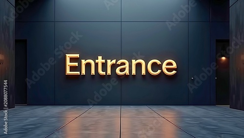 Artwork showing Entrance text illuminated in warm yellow-orange glow, sleek dark wall panels, and polished reflective stone floor