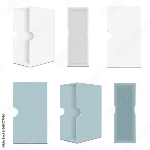 Empty slipcase for books, bookend. Half turned, front, side view. White, color. Realistic vector mockup set. Book series cardboard box case. Mock-up. Book gift set stand packaging. Template for design