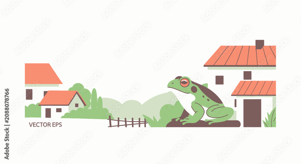 Fototapeta premium Cute Frog in a Rural Village