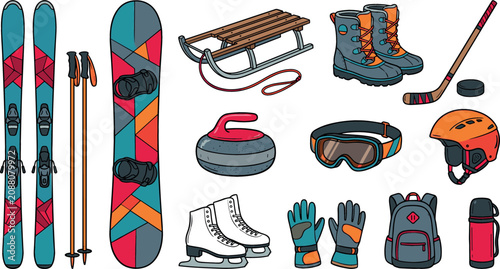 Obraz na plátne Collection of hand drawn flat cartoon icons featuring alpine skiing snowboarding