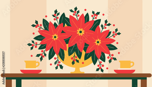 Holiday table setting with red poinsettia flowers and cups  