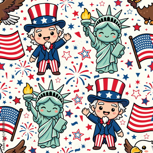 A US Independence-themed illustration featuring Uncle Sam, the Statue of Liberty, an eagle, the flag, and various fireworks accents. Suitable for wrapping paper, printed fabric, and a variety of other
