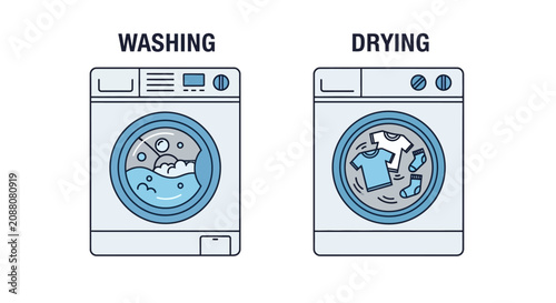 Washing and Drying Machine Flat Line Vector Illustration