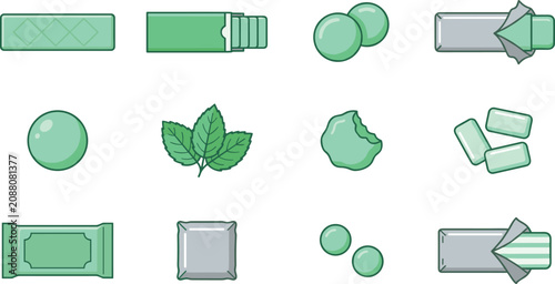 Tableau sur toile Mint Chewing Gum Icon Set with Open Foil Wrapper Sticks Green Gumballs Bitten Dr