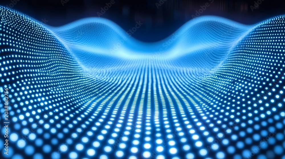 Naklejka premium Abstract Background Featuring A Blue Glowing Digital Wave Pattern Created With Rows Of Light Dots.