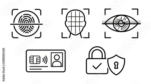 Bild auf Leinwand Biometric security and digital identification line icon set.
