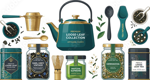 Photos Premium Loose Leaf Tea Brewing Vector Pack with Ceramic Teapot Metal Strainer Ma