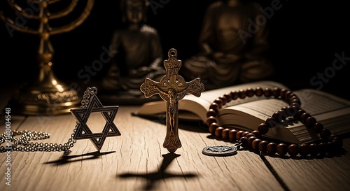 Religious Symbols and Artifacts on Wooden Surface.