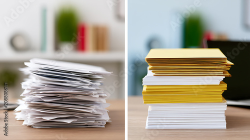 Comparison of disorganization and organization through stacked papers, showcasing messy workload versus neat, manageable files on a desk