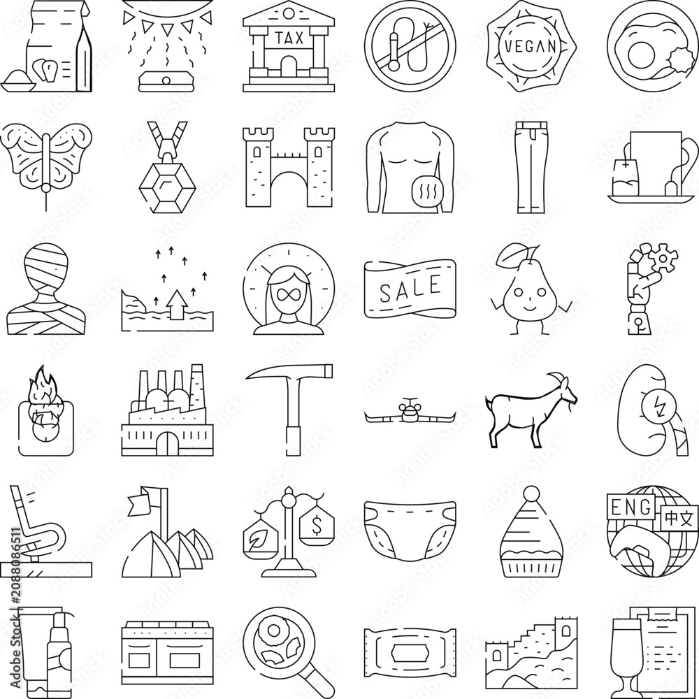 Fototapeta premium Diverse set of minimal line icons and pictograms covering food, health, finance, travel, nature, technology and lifestyleclean vector outlines for web, app and design projects