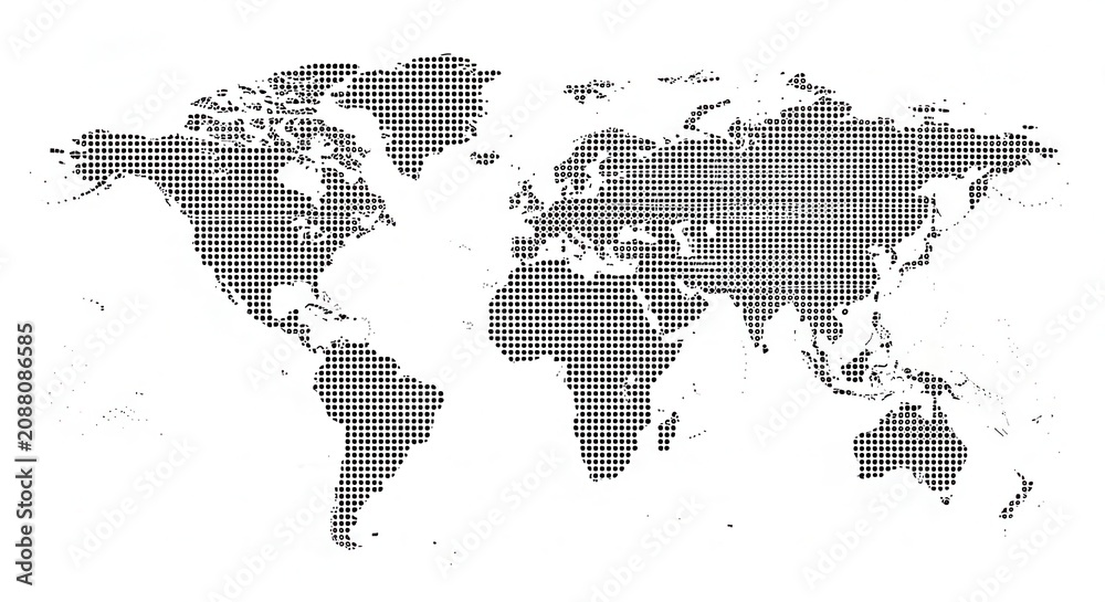 Fototapeta premium Minimalist Dotted World Map Illustration in Halftone Style for Global Business and Travel Concepts on White Background