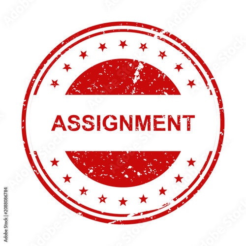 Red assignment stamp with geometric border illustration