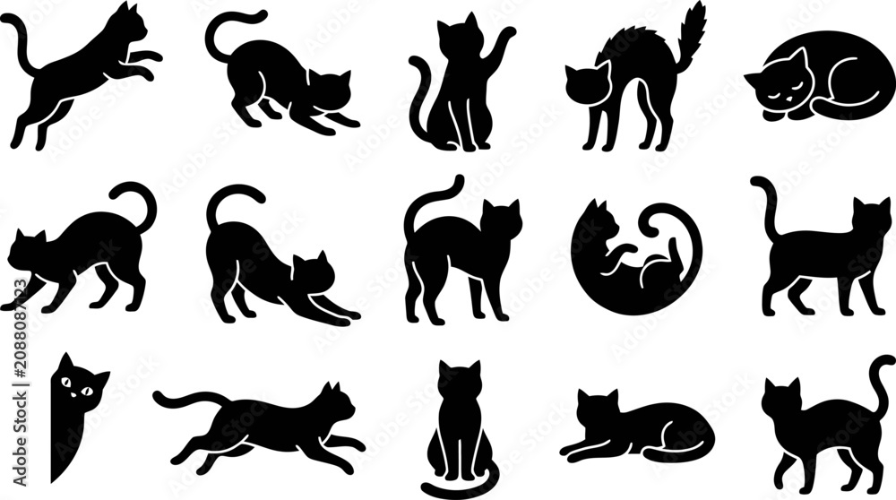 Fototapeta premium Black cat silhouettes in various poses