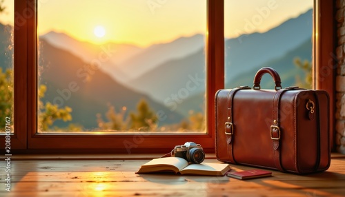 A vintage leather suitcase placed on a polished wooden floor beside a large panoramic window overloo