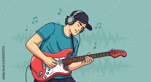 Foto Young man playing electric guitar and wearing headphones on musical background i